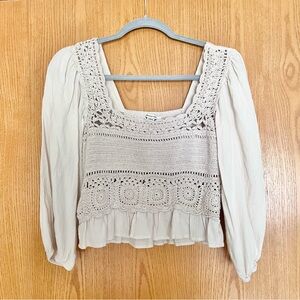 American Eagle Crochet Puffed Sleeve Cream Top Cottagecore S